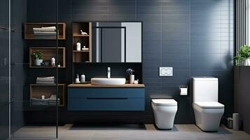 Interior of modern bathroom with blue tile walls, tiled floor, comfortable bathtub and sink with mirror. Generative AI photo