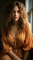 Beautiful woman with orange clothes. Generative AI photo