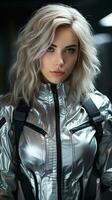 Beautiful young girl wearing grey space suit. Generative AI photo