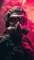 cyberpunk personaje vistiendo gas máscara con rosado tema. generativo ai foto