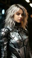 Beautiful young girl wearing grey space suit. Generative AI photo