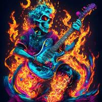 Skull playing electric guitar in fire flames on black background. Halloween concept. photo