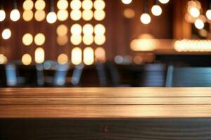wooden table in front of a blurred background of restaurant lights. AI Generative Pro Photo
