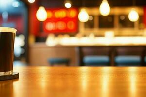 wooden table in front of a blurred background of restaurant lights. AI Generative Pro Photo