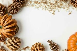 pumpkin, pine cones and dry leaves decoration. paperwhite blank card mockup background. AI Generative Pro Photo
