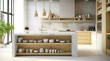 Interior of modern kitchen with white marble countertop and wooden. Generative AI photo