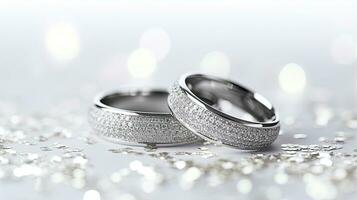 Wedding rings on a white background with sparkles and stars.  Generative AI photo