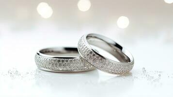 Wedding rings on a white background with sparkles and stars.  Generative AI photo