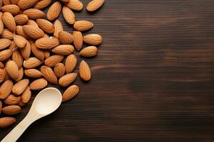 Almond nuts in wooden spoon on wooden background. Top view with copy space. Generative AI photo