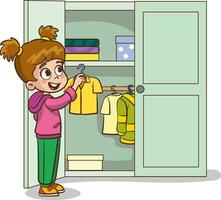 vector ilustración de linda niños poniendo su ropa en el armario.feliz pequeño niños haciendo tareas del hogar limpieza.