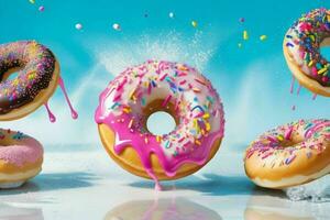 flying donuts with cream splashes. AI Generative Pro Photo