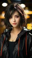 Beautiful asian teenager with short hair and black jacket. Generative AI photo