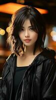 Beautiful asian teenager with short hair and black jacket. Generative AI photo