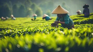 tea picking at the tea plantation at the town of Mae Salong north of the city Chiang Rai in North Thailand. Generative AI photo