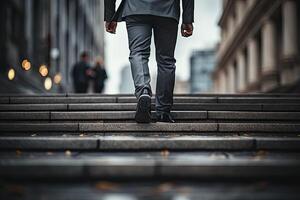 Close up young businessman feet sprinting up stairs office middle image.  Generative AI photo