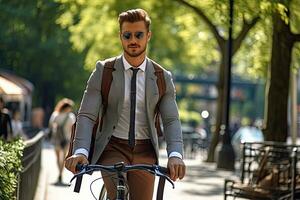 hermoso joven empresario en traje y con un mochila montando un bicicleta en el ciudad. generativo ai foto