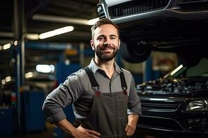 coche mecánico trabajando en auto reparar tienda. hermoso joven hombre en uniforme trabajando con coche motor. generativo ai foto