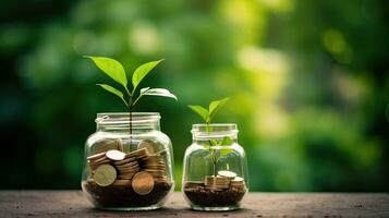 plant growing out of coins in glass jar with filter effect retro vintage style. Investment concept. Generative AI photo