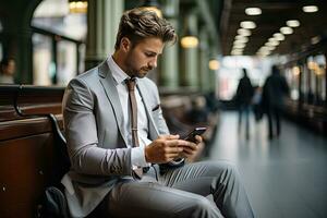 handsome businessman using smartphone while in the city. Generative AI photo