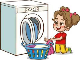 vector illustration of happy cute kid do laundry with washing machine