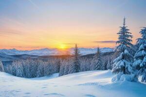 winter with fresh snow covered forests and mountains at sunrise. background. AI Generative Pro Photo