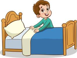 Happy little children doing housework cleaning.child making bed. vector