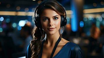 Young beautiful woman office call center worker with headphones and headset for answering phone calls and consulting customer support photo