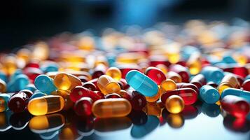 Many colorful tablets and pills of medicine, concept of healthcare treatment and first aid to people in the treatment of diseases photo