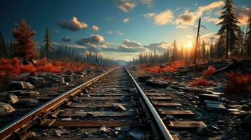 A railway with rails and sleepers goes into the distance beyond the horizon, the concept of railway transport and the transportation of passengers and goods photo