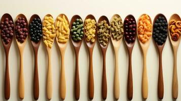 Forks and spoons with various tasty pasta on white background, flat lay. Space for text photo