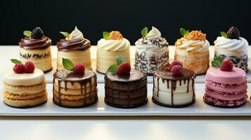 Large set of delicious sweet cakes with berries cream and chocolate dessert photo