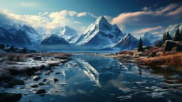 Frozen ice lake and high snow-capped winter mountains at sunset, beautiful mountain natural landscape photo