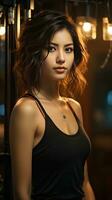 Beautiful asian young woman outdoors at night. Generative AI photo