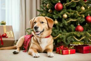 Dog near Christmas tree and gift to celebrate christmas. AI Generative Pro Photo