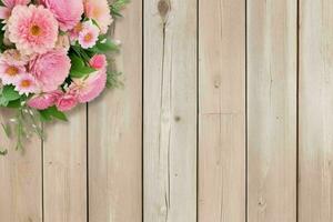 Wooden wall background with flowers natural scene. AI Generative Pro Photo