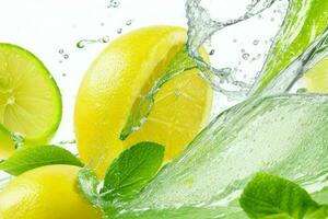 Water splashing on lemons and green tea leaf. AI Generative Pro Photo