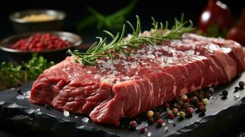 Juicy fresh red raw meat steaks lies on a cutting board in seasonings and pepper ready for cooking photo
