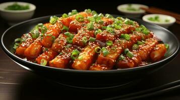 Tteokbokki or korean spicy rice cake. Popular street Asian food for restaurant, cookbook and recipe photo