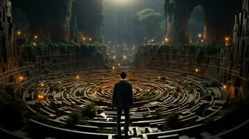 Man in a labyrinth, concept of difficulty making a decision and finding your way photo