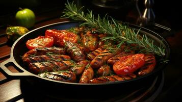 Delicious grilled sausages with tomatoes in a frying pan photo