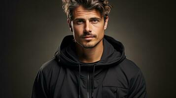 Handsome male clothing model in black sweatshirt photo