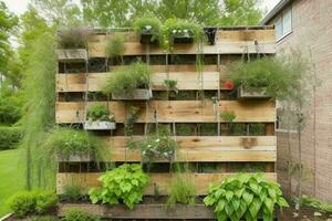 pallets with hanging plants vertical garden. background. AI Generative Pro Photo