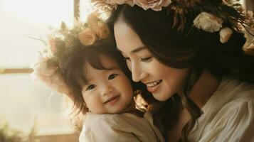 Asian mother and her little daughter wearing a crown full of flowers. Generative AI photo