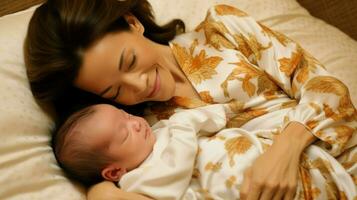 un asiático madre y su recién nacido bebé son muy cerca a cada otro.. generativo ai foto