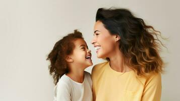 Mother and little girl looking at each other and laughing. Generative AI photo