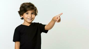 pequeño chico en un negro camiseta señalando en uno dirección. generativo ai foto