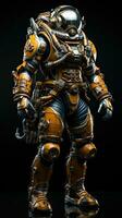 Close-up of a orange metal robot with black background. Generative AI photo