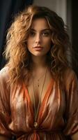 Beautiful woman with orange clothes. Generative AI photo