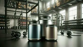 A wide photograph showcasing blank modern protein powder jars colored in gym steel and protein beige, standing out against the backdrop of a gym setting. Generative AI photo