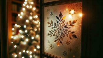 Close-up photo of a frosted window pane with a delicate snowflake pattern, illuminated by the warm glow of Christmas lights from the inside.. Generative AI